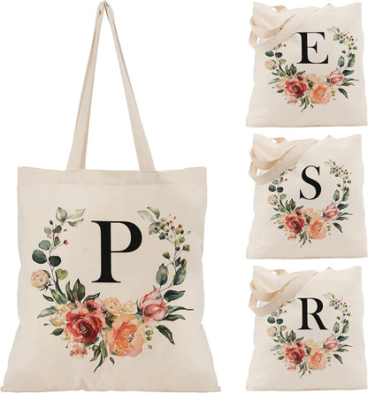 Floral Initial Tote Bag for Women - Personalized Canvas Bag for Bridesmaid Gifts - Monogrammed Aestetic Teacher Totes Bags (Initial #P)