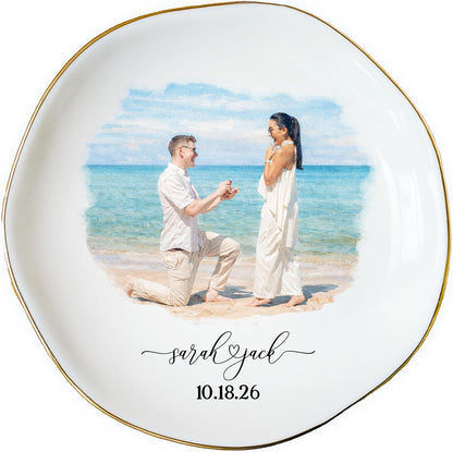 Personalized Proposal Photo Ring Dish Plate – Custom Engagement Gift with Couple Picture, Name & Date – Ceramic Jewelry Tray for Fiancé, Bride to Be, Girlfriend – Valentine’s Day Keepsake