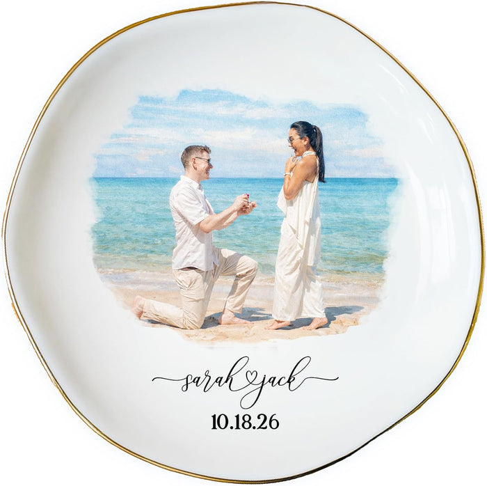 Personalized Proposal Photo Ring Dish Plate – Custom Engagement Gift with Couple Picture, Name & Date – Ceramic Jewelry Tray for Fiancé, Bride to Be, Girlfriend – Valentine’s Day Keepsake