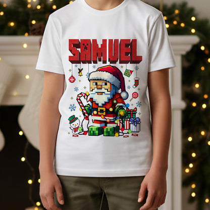 Personalized Santa Christmas T-Shirt for Kids & Toddlers - Custom Name Pixel Art Holiday Shirt - Unisex Cotton Tee for Boys & Girls - Cute Xmas Gift for Family, Grandkids, Occasion Wear Black