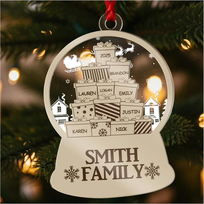 Personalized Family Ornament - Custom Snow Globe with Names on Presents - Acrylic Xmas Tree Decoration for Family, Friends, Kids - Add Up to 10 Names & Year - Holiday Keepsake