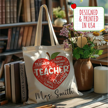 Personalized Teacher Tote Bag with Name – Custom Monogrammed Canvas Shoulder Bag – 6 Aesthetic Designs – Teacher Appreciation, Birthday, Christmas Gift for Women, School or Everyday Use