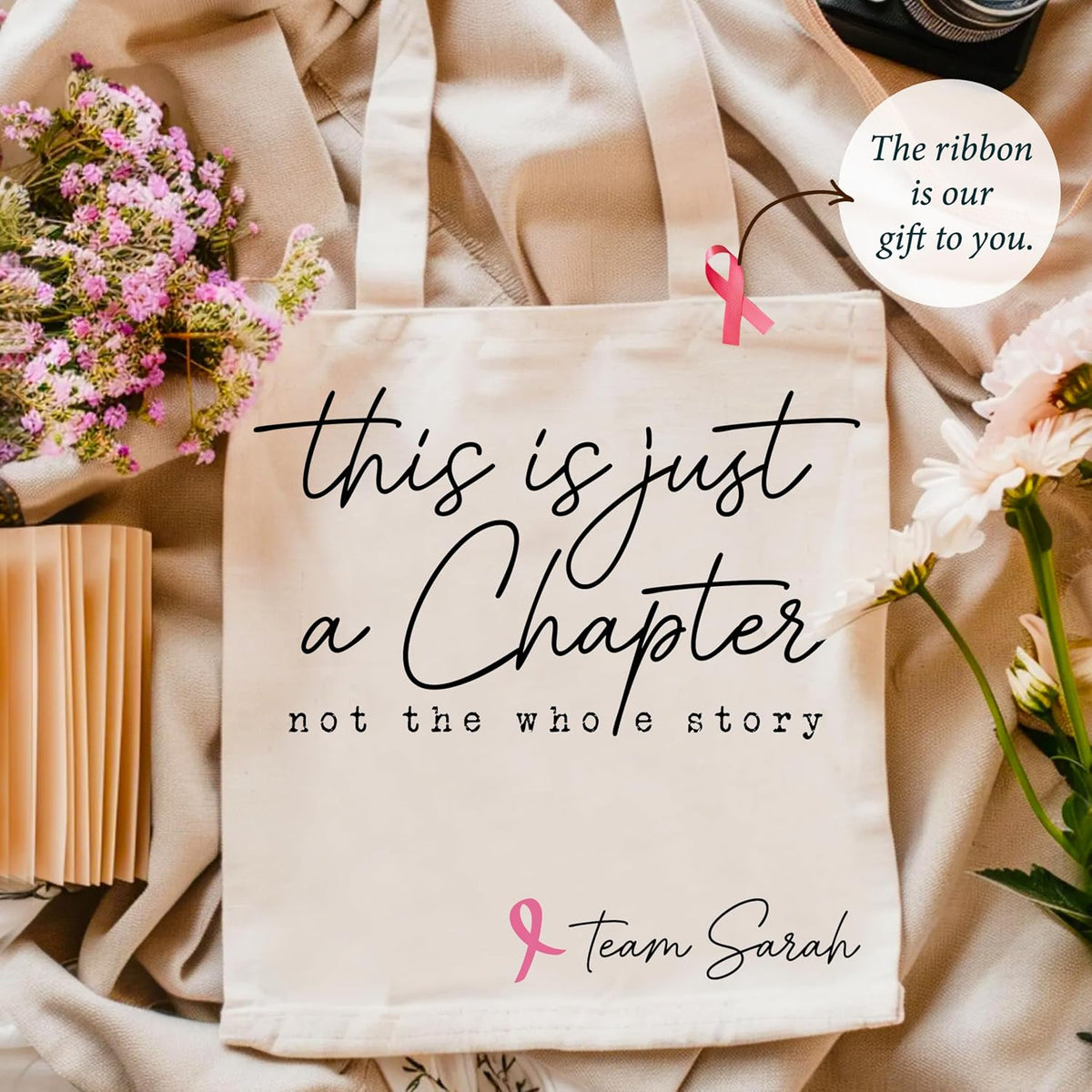 Personalized Canvas Tote Bag with Pink Ribbon - Custom Monogrammed Breast Cancer Gift for Survivors & Warriors - Keepsake Tote for Patients, Daily Use, and Awareness