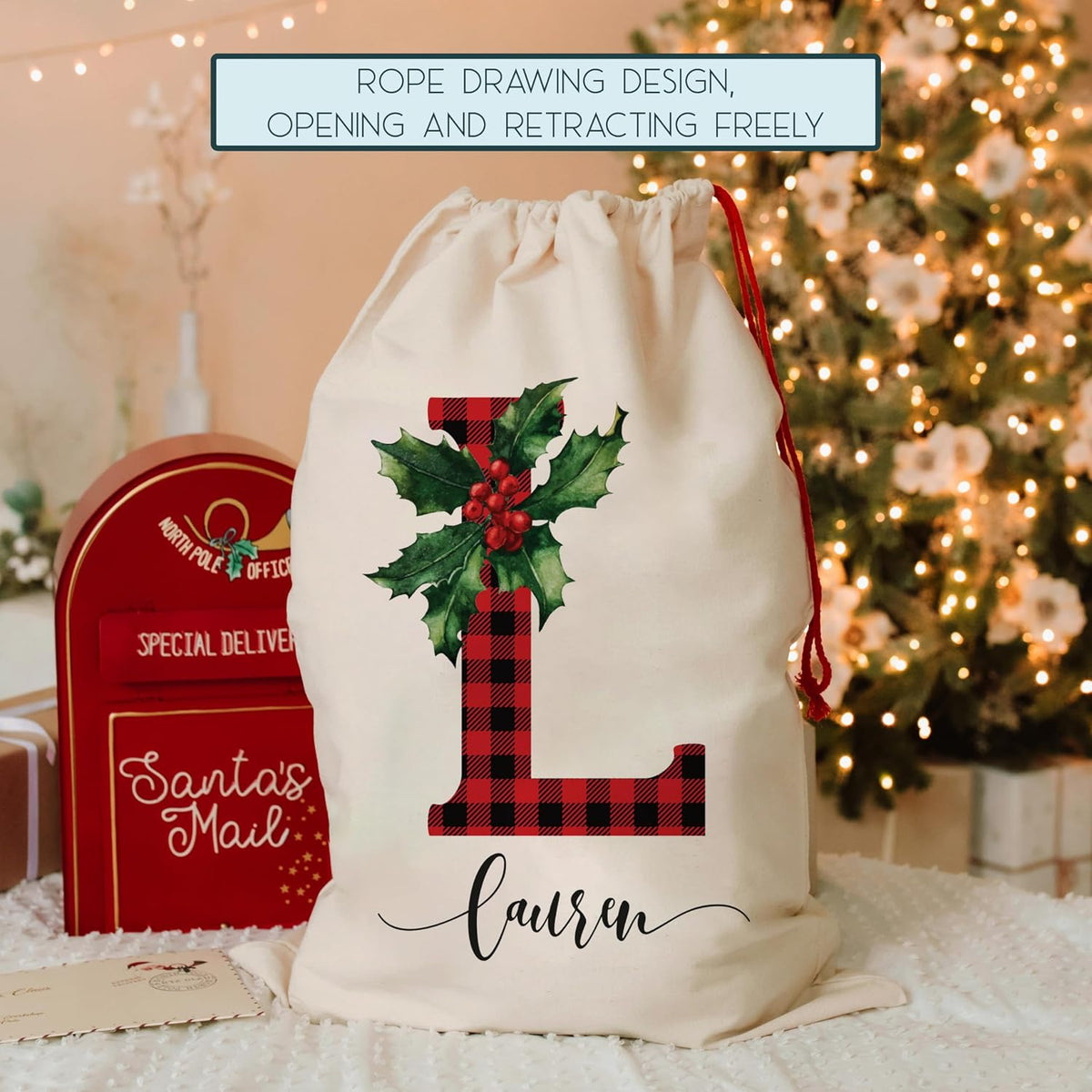 Custom Christmas Plaid Initial Santa Sack, Personalized Monogrammed Xmas Drawstring Large Gift Pouch for Holiday Presents