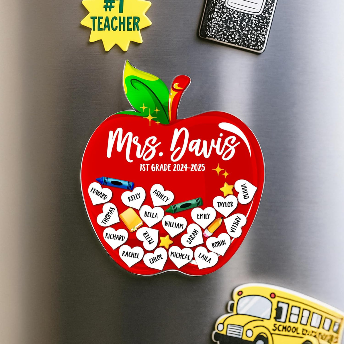 Personalized Teacher Apple Magnet with Student Names, Custom Classroom Gift
