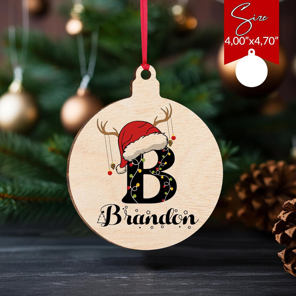 Personalized Christmas Santa Hat Initial Ornament, Customized Wooden Family Name Xmas Tree Decoration, Custom Monogrammed Stocking & Gift Bag Tag
