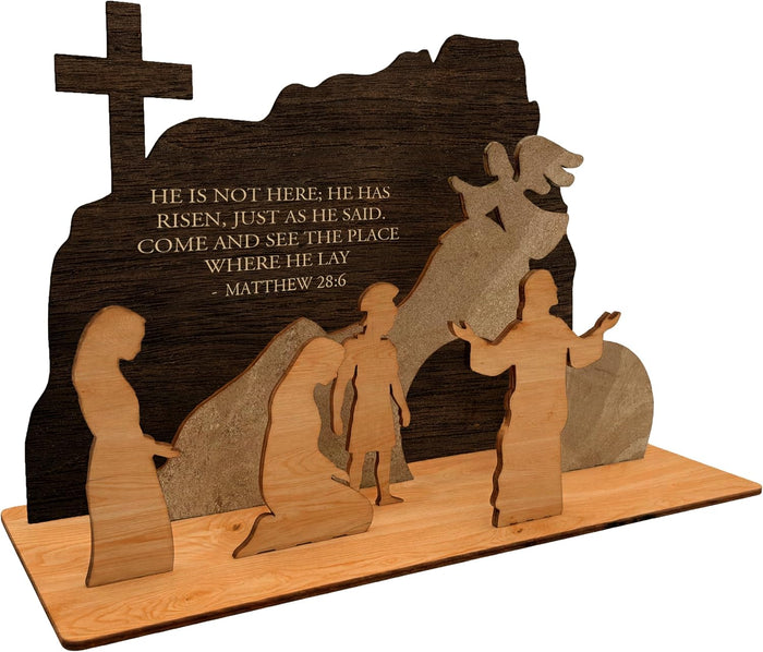 Personalized Easter Resurrection Scene Wooden Decor with Custom Bible Verse Text, Christian Tabletop Cross Display He Is Risen Matthew 28:6, Religious Easter Decoration Gift for Church Family Home