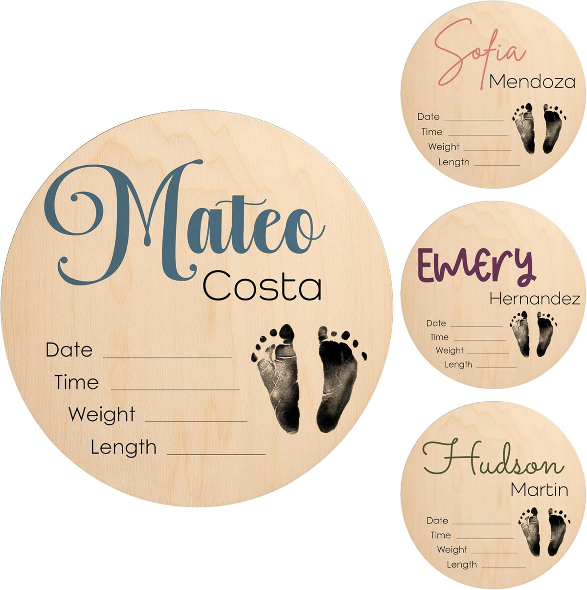 Personalized Baby Name Birth Stats Sign - Custom Wooden Round Keepsake for Newborn with First Footprint Design - Add First Middle Last Name, Date, Time, Weight, Length - Baby Gifts