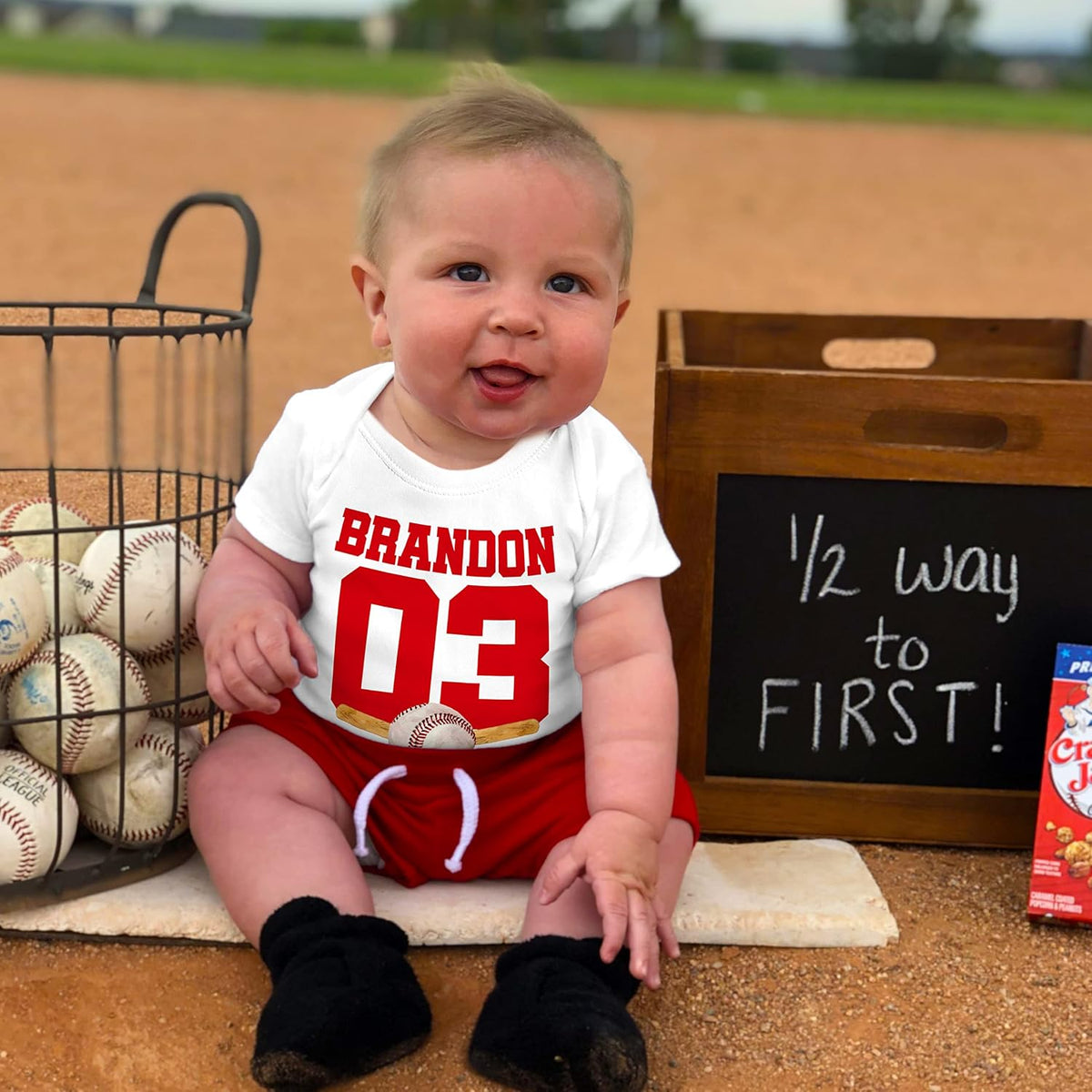 Personalized Sports Baby Onesie for Boys, Custom Baseball Bodysuit Gift