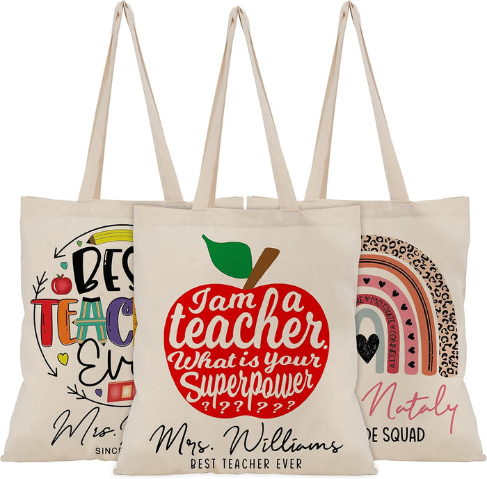 Personalized Teacher's Appreciation Canvas Tote Bags w/Name & Text - 9 Design Custom Teachers Day Bag Gifts for Teacher Customized Canvas Gift Women Shoulder Birthday Beige 15''X 16'' inches