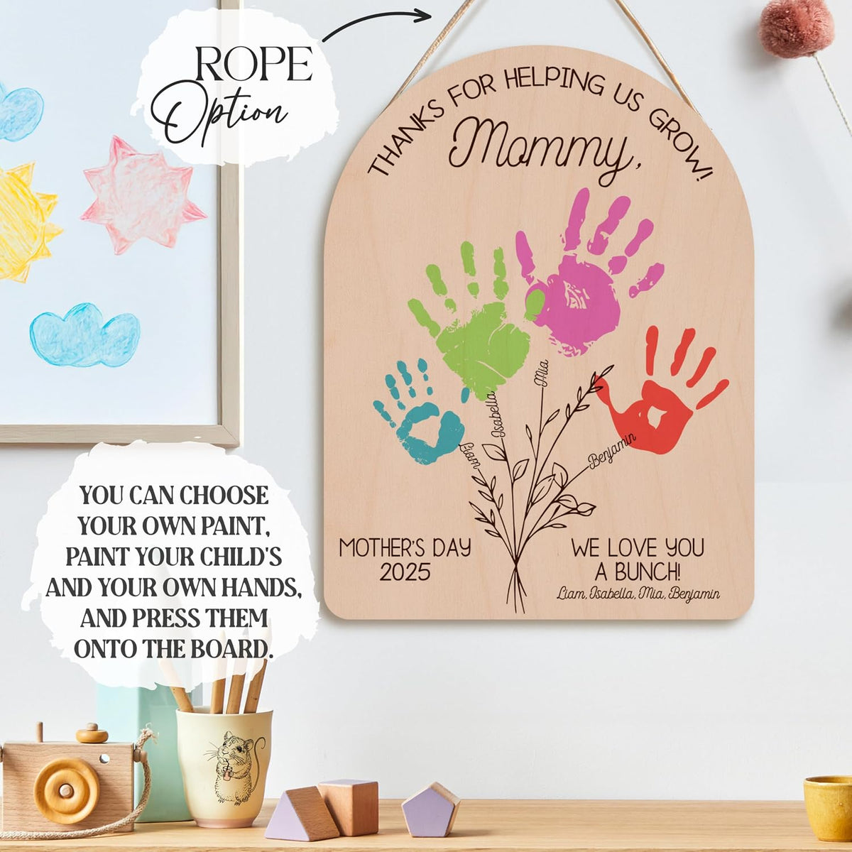 Personalized Handprint Wood Sign for Mom, Custom Mother's Day Keepsake Gift