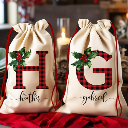 Custom Christmas Plaid Initial Santa Sack, Personalized Monogrammed Xmas Drawstring Large Gift Pouch for Holiday Presents