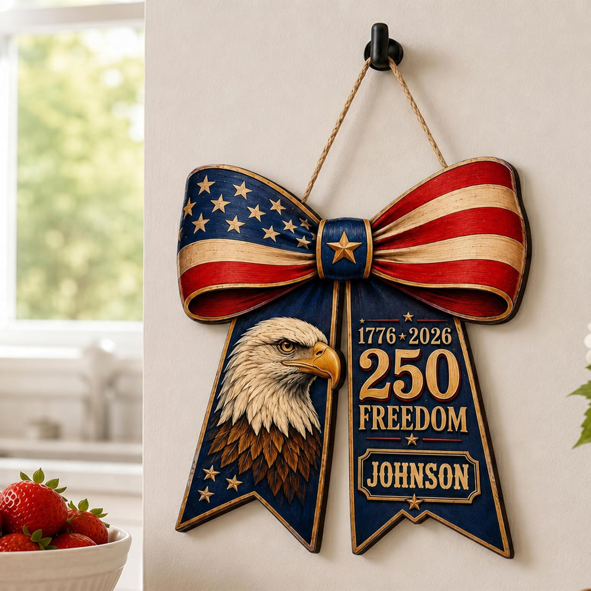 Personalized Eagle Patriotic Door Sign for Front Door, Custom Family Name America 250th Anniversary Wooden Door Hanger, USA 1776-2026 Independence Day 4th of July Wall Decor