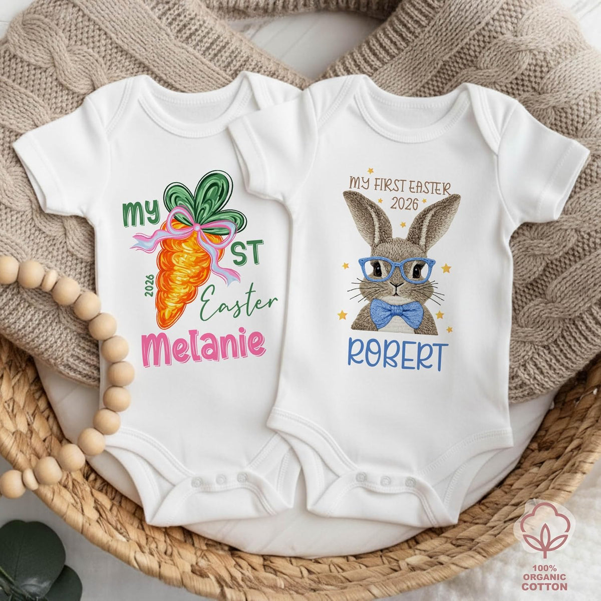 My First Easter Baby Bodysuit Personalized, Custom Name and Year Easter Outfit, Bunny and Carrot Design Infant One Piece, First Easter Keepsake Gift, Easter Photo Outfit, Spring Baby Clothes
