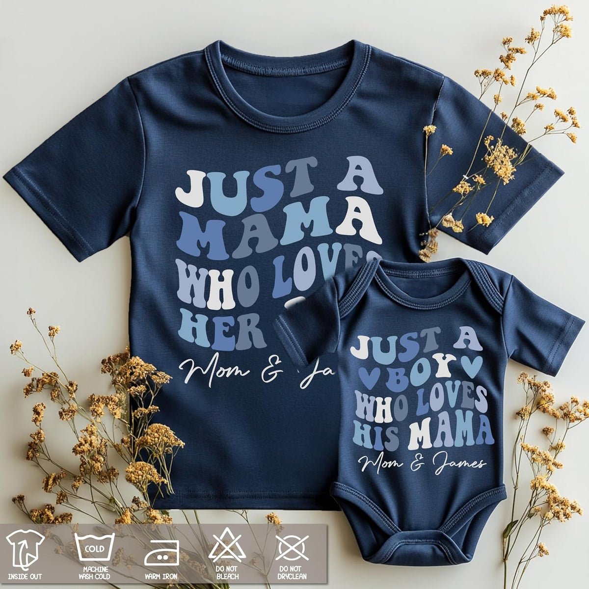 Personalized Matching Mommy and Baby Shirt Set – Mother and Child Outfit – Custom Name Cotton T-Shirt & Bodysuit – Gift for Mom – Mother’s Day, Baby Shower, Family Photo Outfit Blue