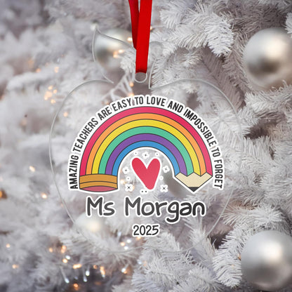 Personalized Teacher Christmas Ornament – Custom Apple Acrylic Tree Decoration with Name & Year – Rainbow Heart Design Holiday Keepsake, Teacher Appreciation Gift, End of Year Classroom Present