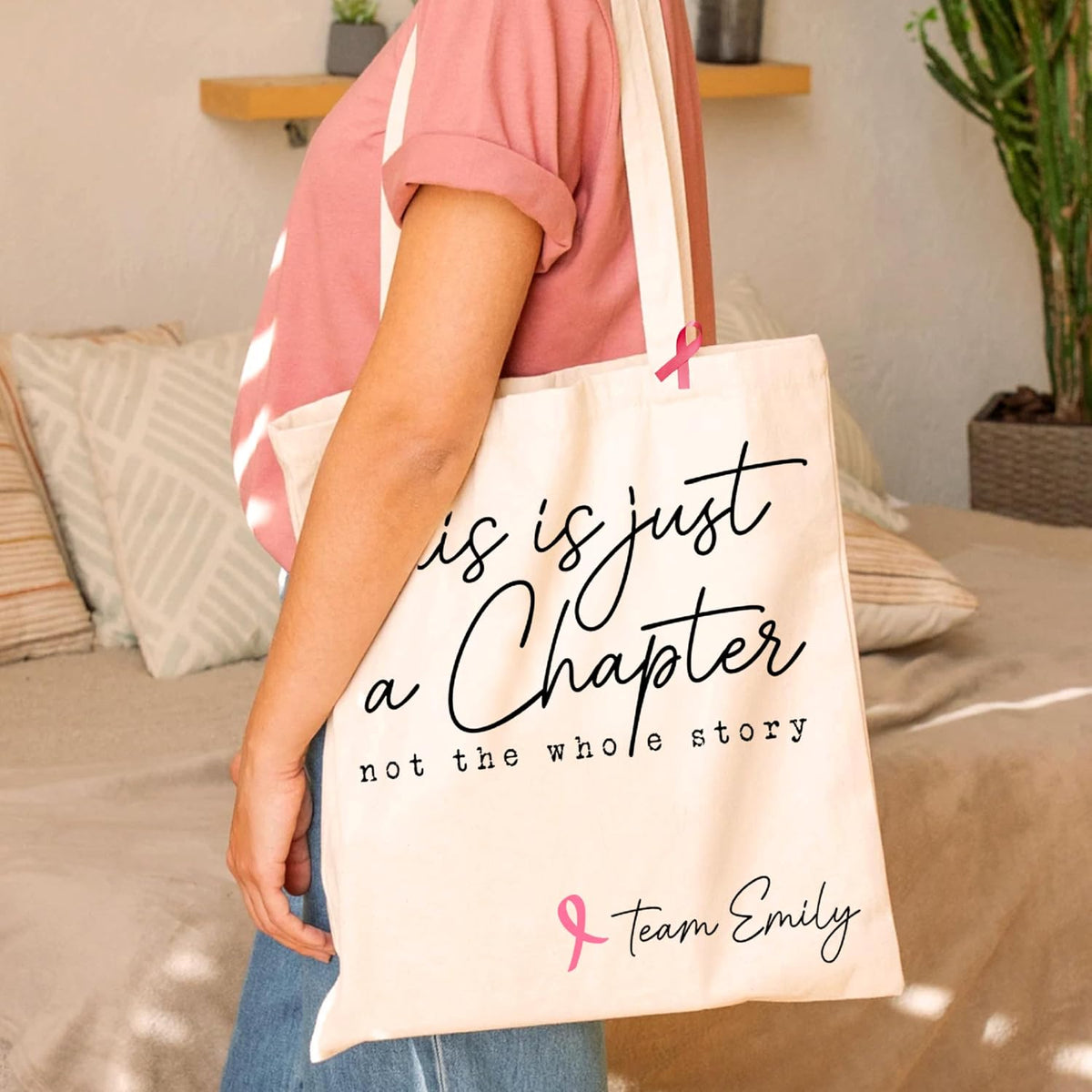 Personalized Canvas Tote Bag with Pink Ribbon - Custom Monogrammed Breast Cancer Gift for Survivors & Warriors - Keepsake Tote for Patients, Daily Use, and Awareness