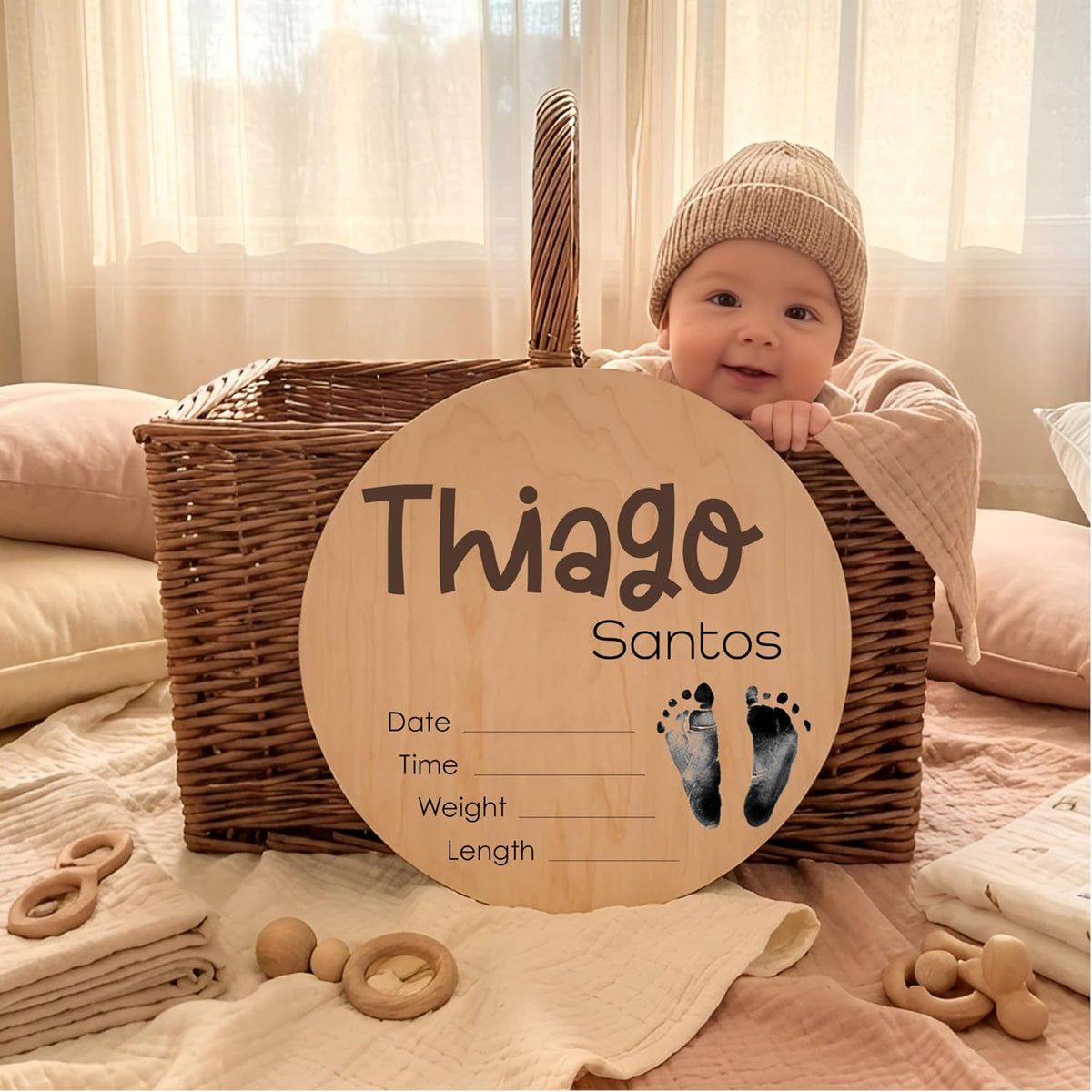 Personalized Baby Name Birth Stats Sign - Custom Wooden Round Keepsake for Newborn with First Footprint Design - Add First Middle Last Name, Date, Time, Weight, Length - Baby Gifts