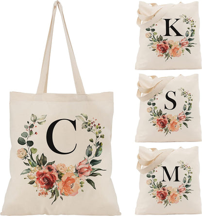 Floral Initial Tote Bag for Women - Personalized Canvas Bag for Bridesmaid Gifts - Monogrammed Aestetic Teacher Totes Bags (Initial #C)