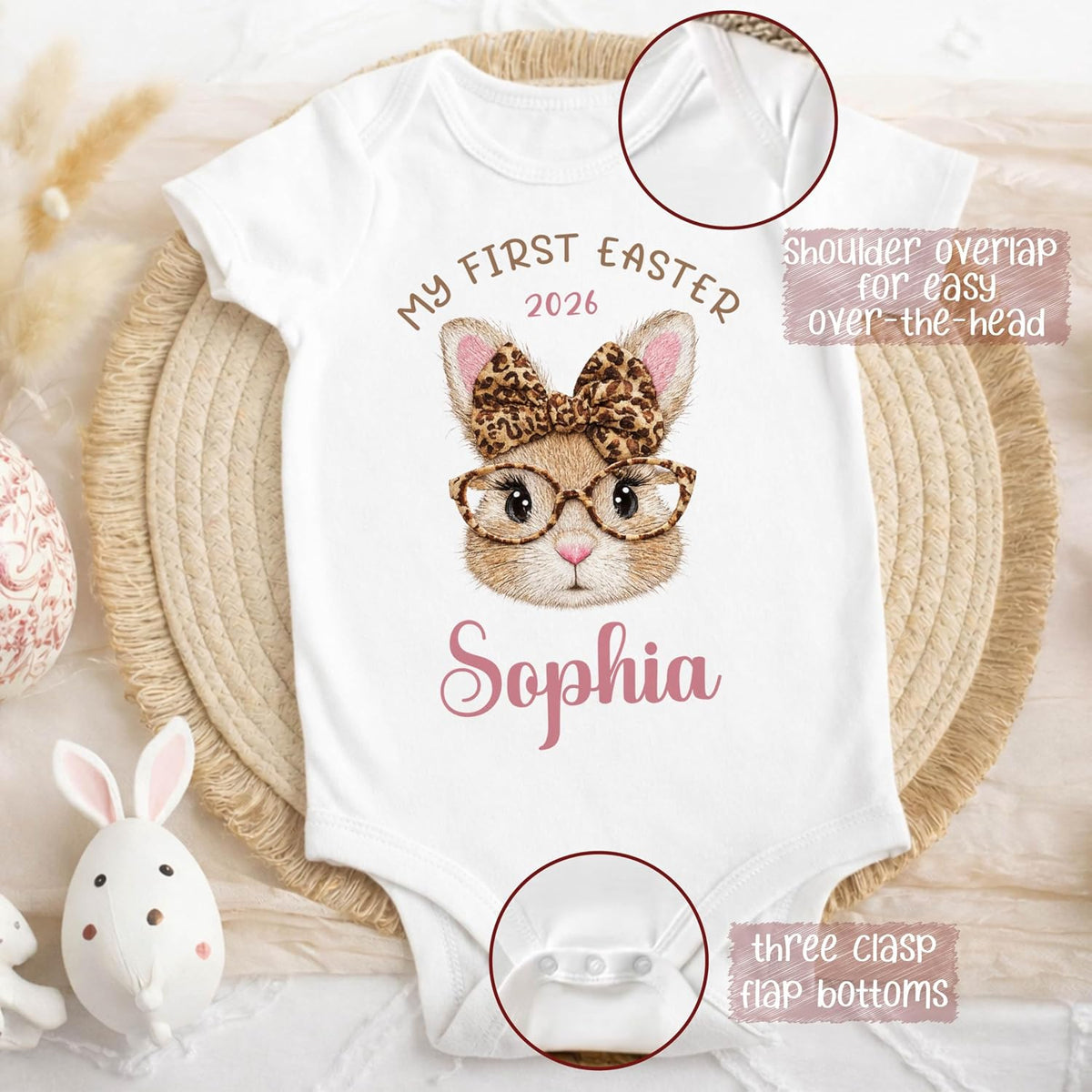 My First Easter Baby Bodysuit Personalized, Custom Name and Year Easter Outfit, Bunny and Carrot Design Infant One Piece, First Easter Keepsake Gift, Easter Photo Outfit, Spring Baby Clothes