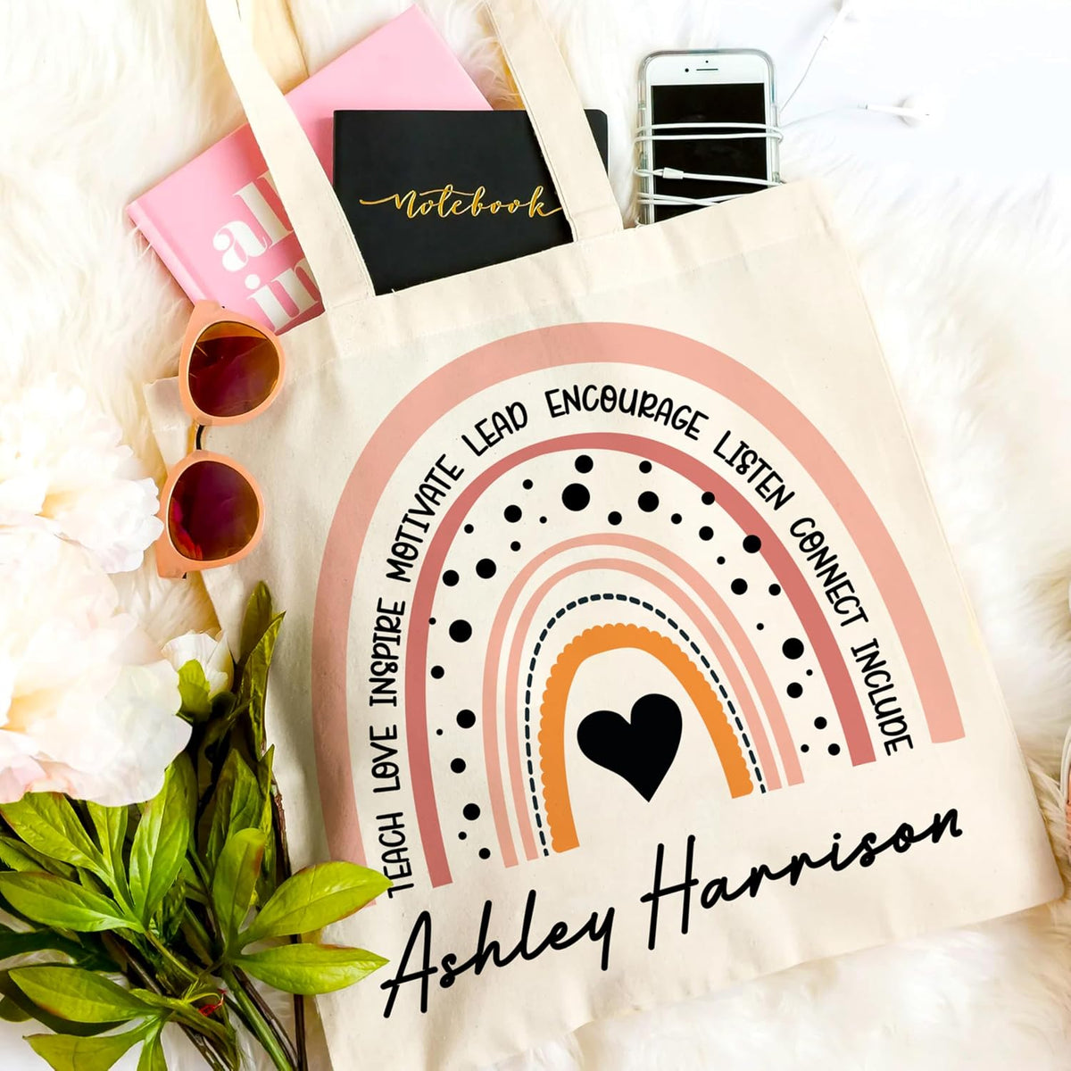 Personalized Teacher Canvas Tote Bag with Custom Name – Cute Apple Rainbow Science Math Design – End of Year Gift for Women Men – Christmas Birthday Mother’s Day Appreciation Bag