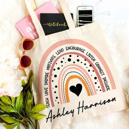Personalized Teacher Canvas Tote Bag with Custom Name – Cute Apple Rainbow Science Math Design – End of Year Gift for Women Men – Christmas Birthday Mother’s Day Appreciation Bag