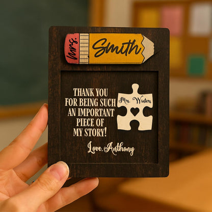 Personalized Teacher Puzzle Plaque Gift with Pencil Name Tag – Custom Thank You Wooden Sign with Name and Love Message – Appreciation Present for End of Year, Christmas, Back to School