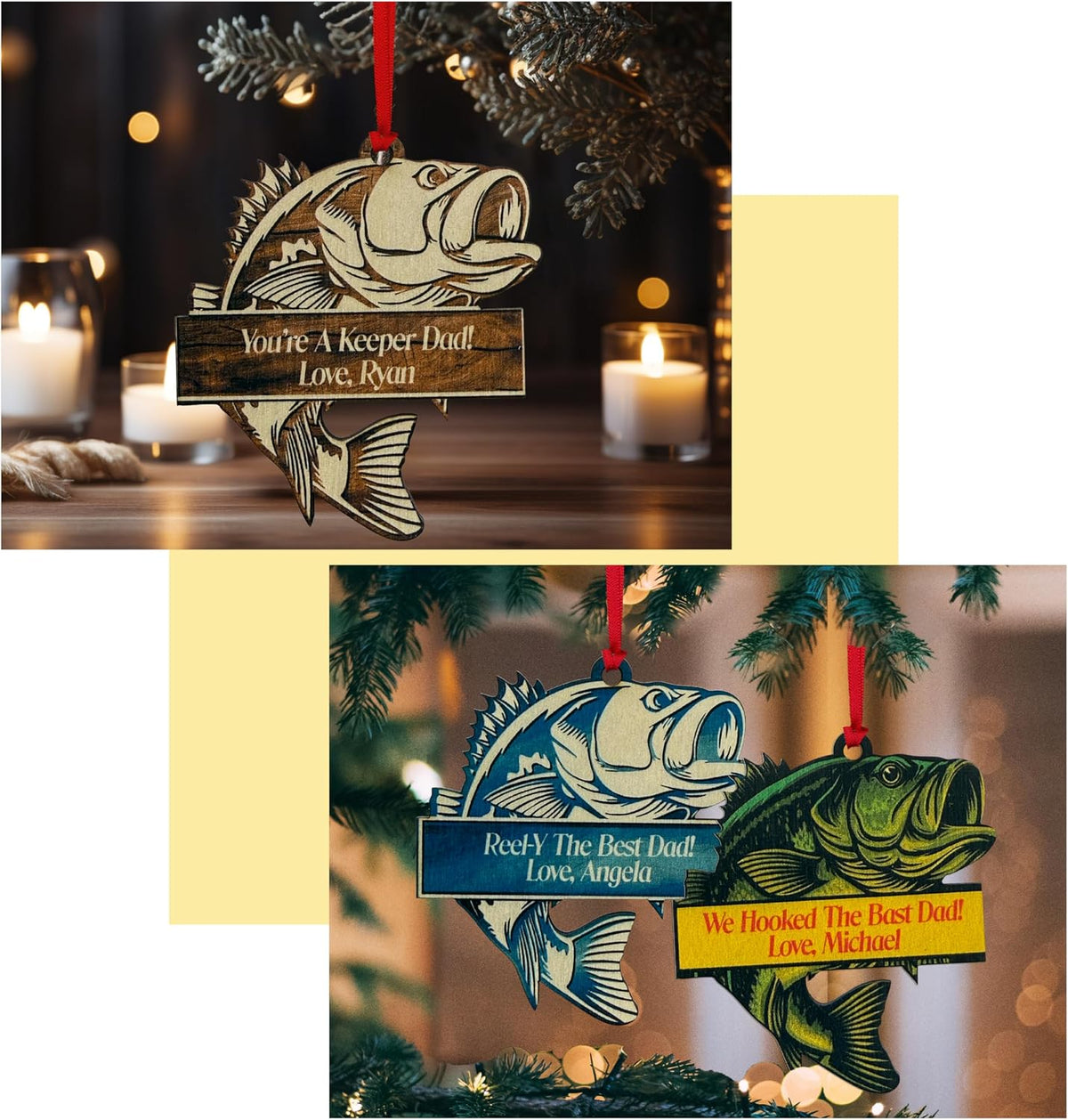 Personalized Fishing Dad Ornament - Custom Fish Bass Master Tree Decoration for Father’s Day Christmas - We Hooked The Best Dad No Fish Tale Gift from Kids Son Daughter - 6 Design Options