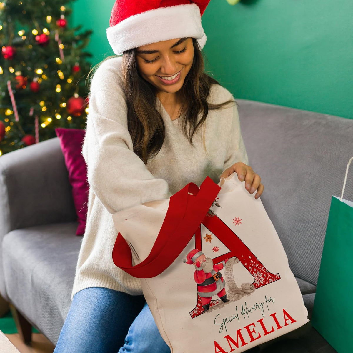 Personalized Initial Christmas Gift Bag, Custom Monogram Holiday Tote Sack