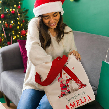 Personalized Initial Christmas Gift Bag, Custom Monogram Holiday Tote Sack