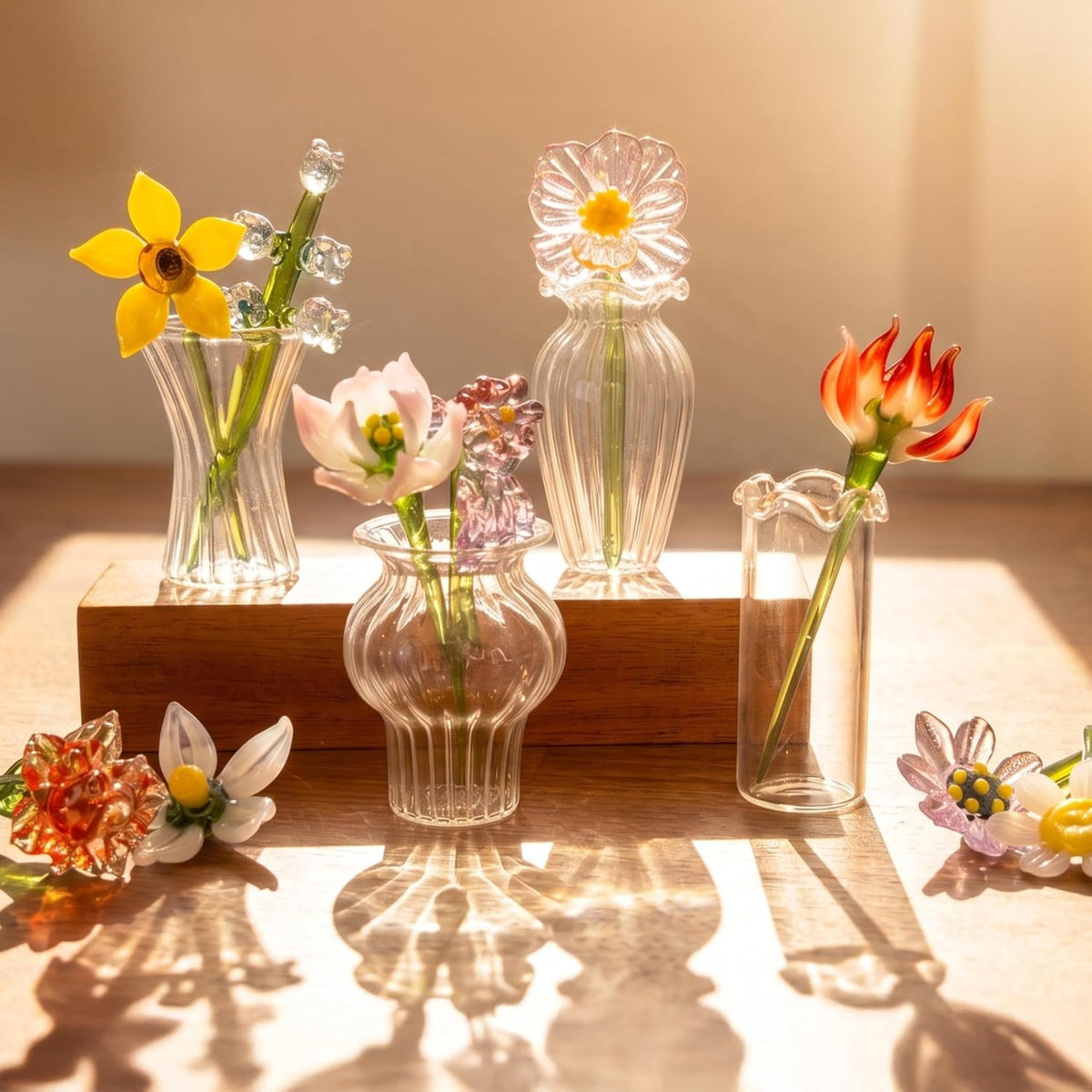 Personalized for Mom - Custom Hand Blown Glass Flower with Name on Wood Base, Birth Month Flower Keepsake, Gift for Grandma Nana New Mom from Daughter Son, Desk Decor