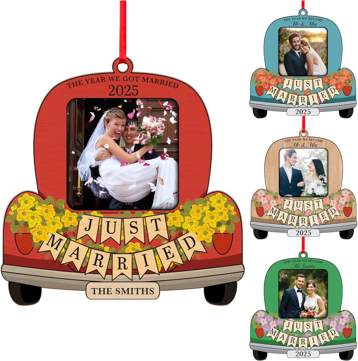 Personalized Just Married Photo Ornament 2026 – Custom Wedding Car Picture Frame Keepsake with Name & Year – Mr & Mrs Newlywed Christmas Tree Decoration – Gift for Couples, Bride, Groom