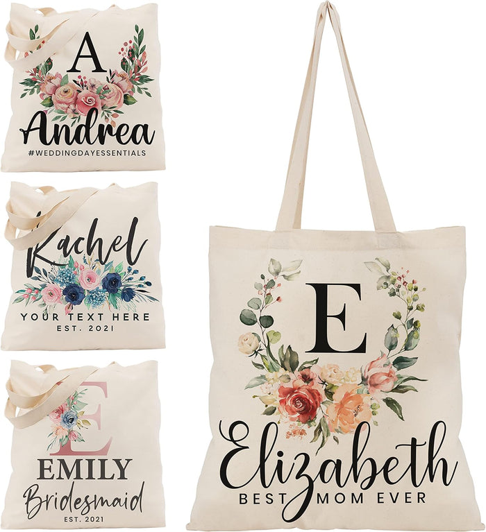 Personalized Floral Tote Bags Gift for Women w/Name Text Date - Customized Tote Bag for Beach Wedding Travel Work - Custom Flower Shoulder Bag - Custom Bachelorette Bridal Shower Birthday Gifts