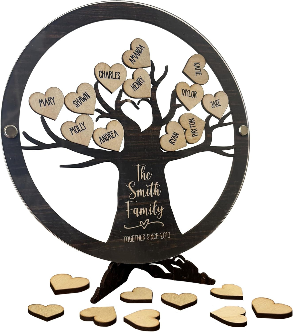 Personalized Family Tree Name Sign with Wooden Hearts – Custom Printed Acrylic & Wood Round Plaque with Stand – Unique Gift for Parents, Grandparents, Anniversary, Christmas, or Home Décor