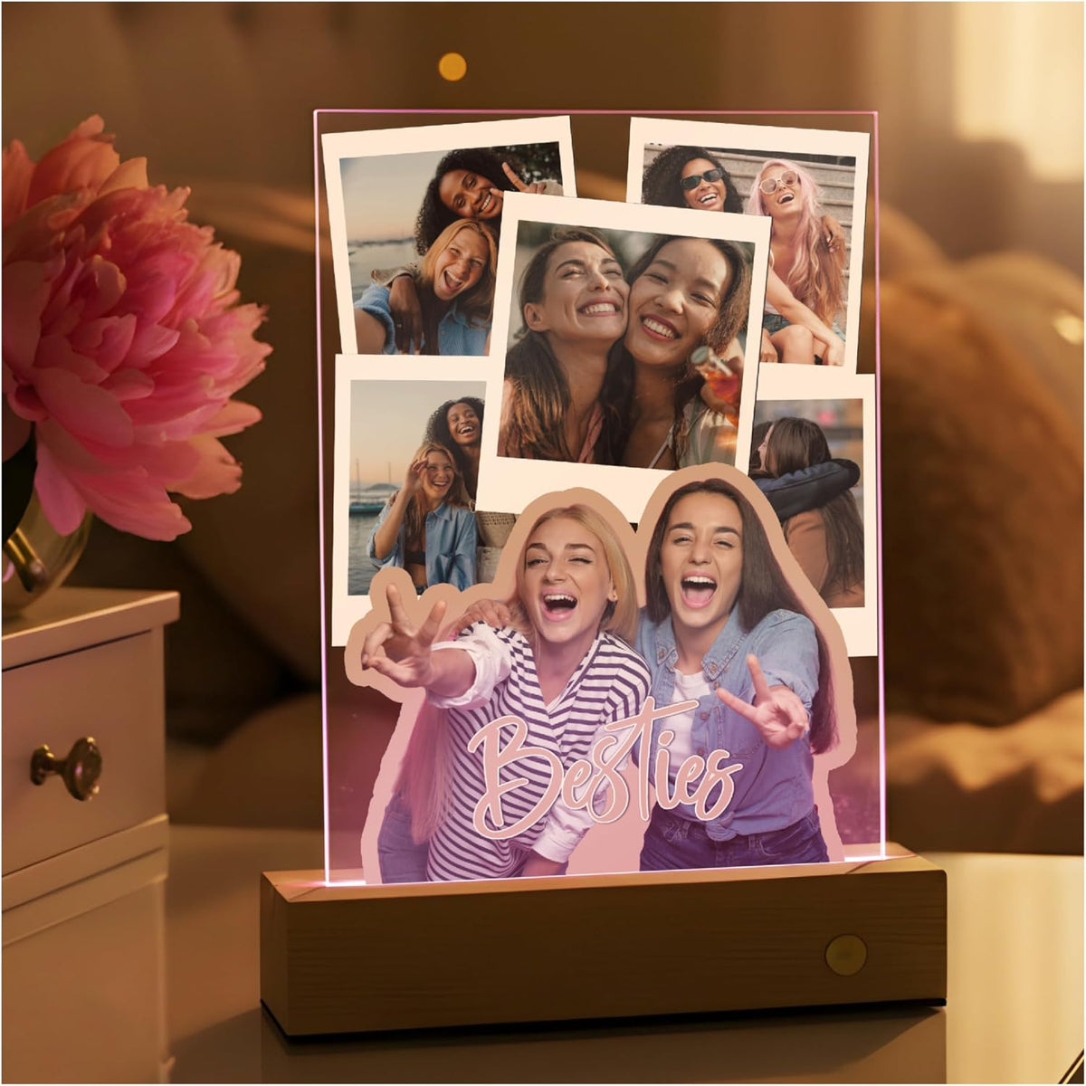 Personalized Besties or Sisters Acrylic Photo Collage Gift with Custom Text & 4–9 Photos – Custom LED or Wood Base Display for Birthday, Friendship, Christmas, Galentine’s Day, Room Decor