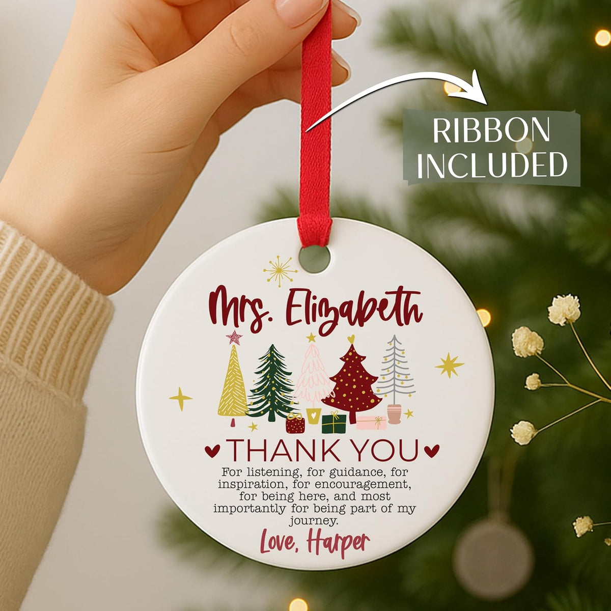 Personalized Teacher Ornament, Custom Name Thank You Gift for Teacher, Mentor or Coach, Ceramic or Acrylic Holiday Keepsake with Message, Appreciation Gift