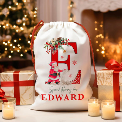 Custom Initial Christmas Santa Sack, Monogrammed Xmas Gift Pouch Bag