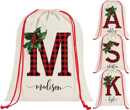 Custom Christmas Plaid Initial Santa Sack, Personalized Monogrammed Xmas Drawstring Large Gift Pouch for Holiday Presents