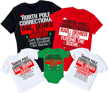 Personalized Christmas North Pole Correctional Family Matching Unisex Adult, Youth, Toddler T-Shirt and Baby Bodysuit, Customized Holiday Festive Xmas Outfit