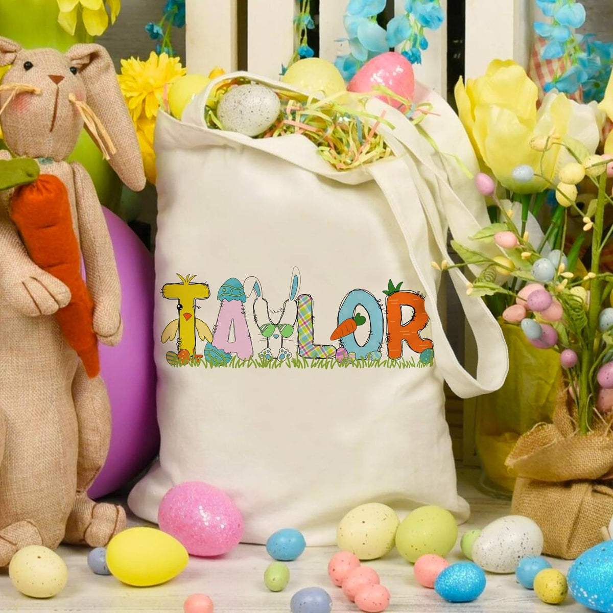 Personalized Easter Egg Hunt Tote Bag with Name, Custom Boys and Girls Gift