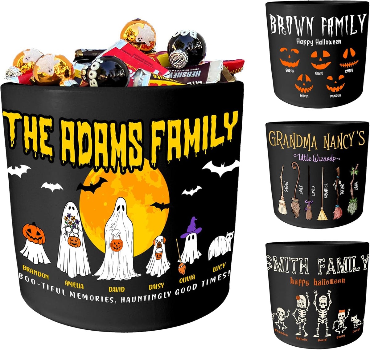 Zexpa Apparel Personalized Halloween Pot with Family Names Gifts for Gradma, Dad, Mom - Candy Bowl Customized Ghost Gift Idea for Families, Pumpkin, Put The Candies, Trick or Treat, Add Text
