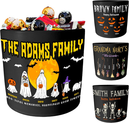 Zexpa Apparel Personalized Halloween Pot with Family Names Gifts for Gradma, Dad, Mom - Candy Bowl Customized Ghost Gift Idea for Families, Pumpkin, Put The Candies, Trick or Treat, Add Text