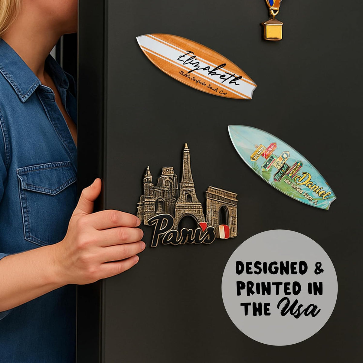 Personalized Acrylic Surfboard Magnet with Name & Beach Location – Custom Tropical Fridge Magnet Gift for Summer Vacation, Beach House Souvenir, Coastal Decor or Birthday for Surfer, Traveler, Friend