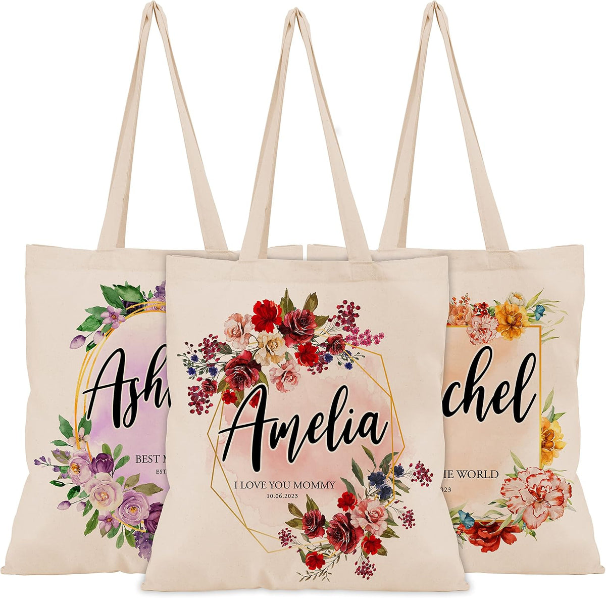 Personalized Mother's Day Tote Bag for Women w/Name - 3 Designs - Customized Floral Canvas Bag Gift for Mom - Custom Reusable Shopping Grocery Bag w/Text - Tote Bag Aesthetic Wedding Birthday Gifts C1