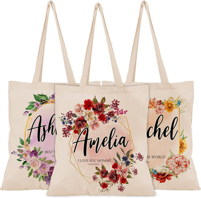 Personalized Mother's Day Tote Bag for Women w/Name - 3 Designs - Customized Floral Canvas Bag Gift for Mom - Custom Reusable Shopping Grocery Bag w/Text - Tote Bag Aesthetic Wedding Birthday Gifts C1