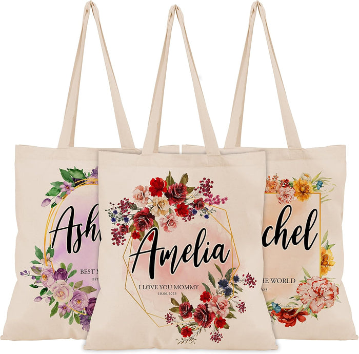 Personalized Mother's Day Tote Bag for Women w/Name - 3 Designs - Customized Floral Canvas Bag Gift for Mom - Custom Reusable Shopping Grocery Bag w/Text - Tote Bag Aesthetic Wedding Birthday Gifts