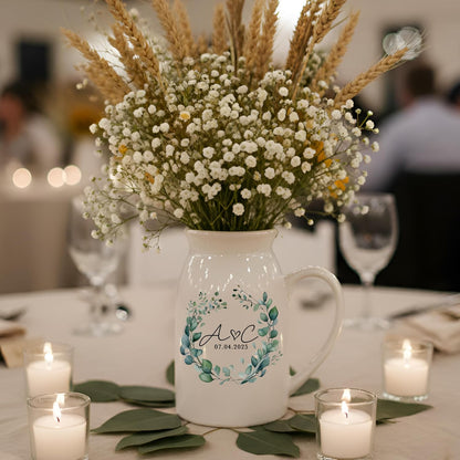 Personalized Ceramic Pitcher Vase, Floral Wreath Design Jug for Mom, Grandma, or Couple, Printed Flower Design, Thoughtful Gift for Mother’s Day, Wedding, Anniversary, Christmas or Home Décor Keepsake