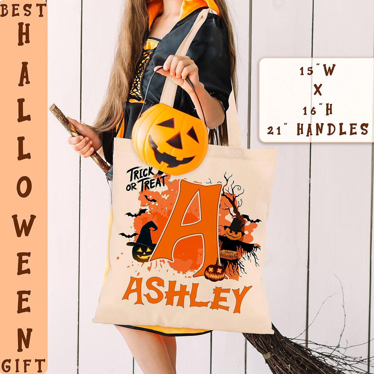 Personalized Halloween Canvas Tote Bags - Custom Name & Initials Trick or Treat Bag with Pumpkin, Skeleton, Ghost & Castle - Reusable 15x16" Gift Bag for Halloween