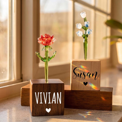 Personalized for Mom - Custom Hand Blown Glass Flower with Name on Wood Base, Birth Month Flower Keepsake, Gift for Grandma Nana New Mom from Daughter Son, Desk Decor