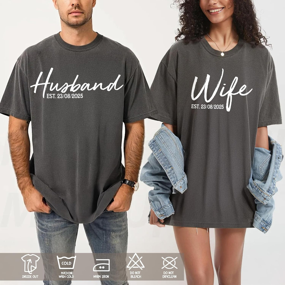 Husband Wife Matching Couple Outfits – Personalized Couple Honeymoon Tees with EST. Date – Custom Wedding